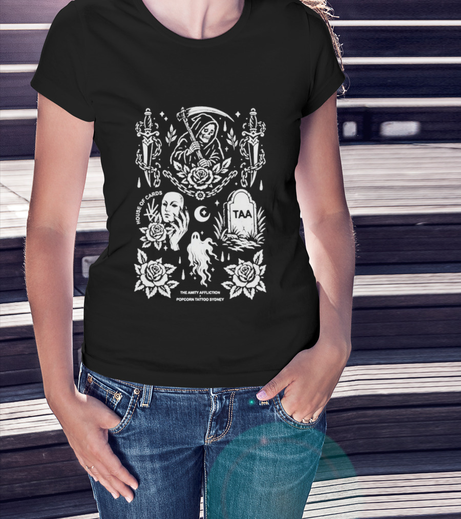 The Amity Affliction X Popcorn Tattoo Sydney Grim Reaper Floral Cemetery TAA T-Shirt