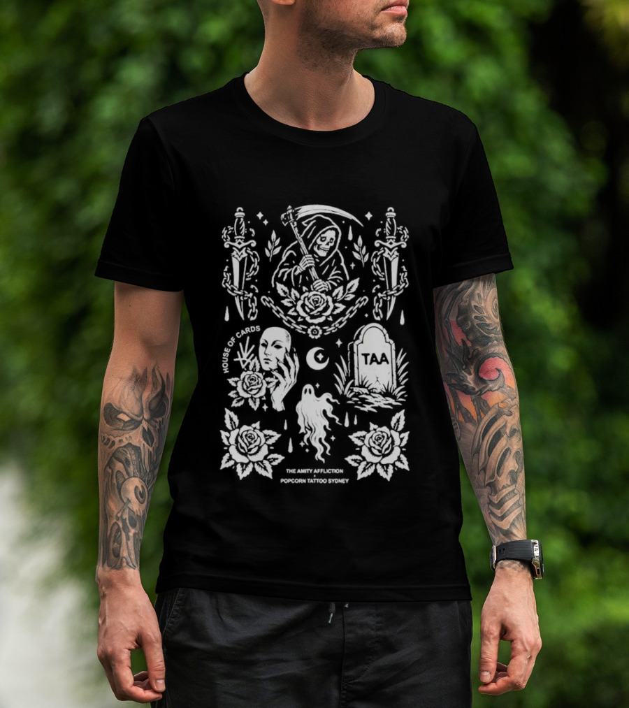 The Amity Affliction X Popcorn Tattoo Sydney Grim Reaper Floral Cemetery TAA T-Shirt