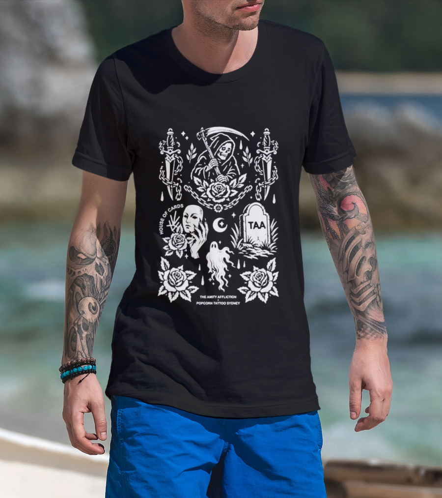 The Amity Affliction X Popcorn Tattoo Sydney Grim Reaper Floral Cemetery TAA T-Shirt