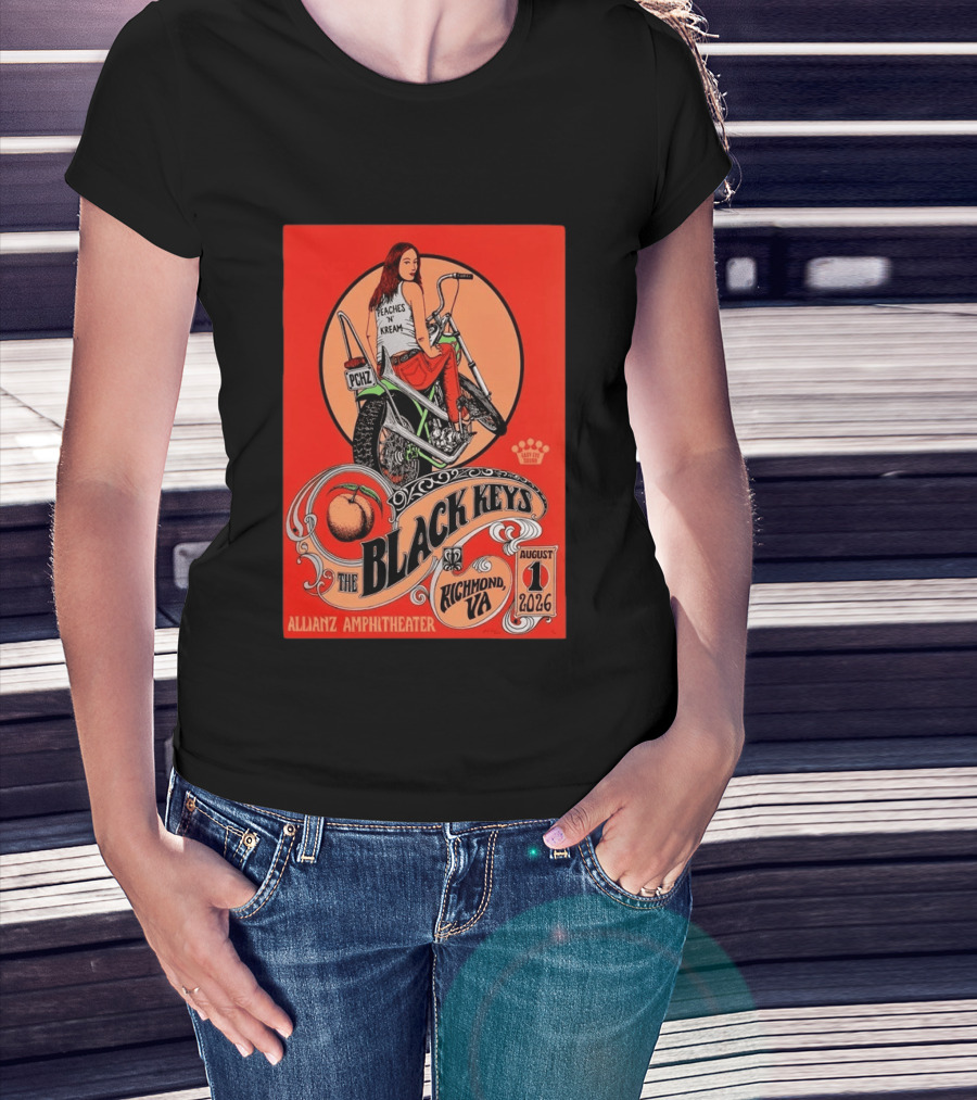 The Black Keys Allianz Amphitheater Richmond VA August 1 2026 Peaches N Kream Motorcycle T-Shirt