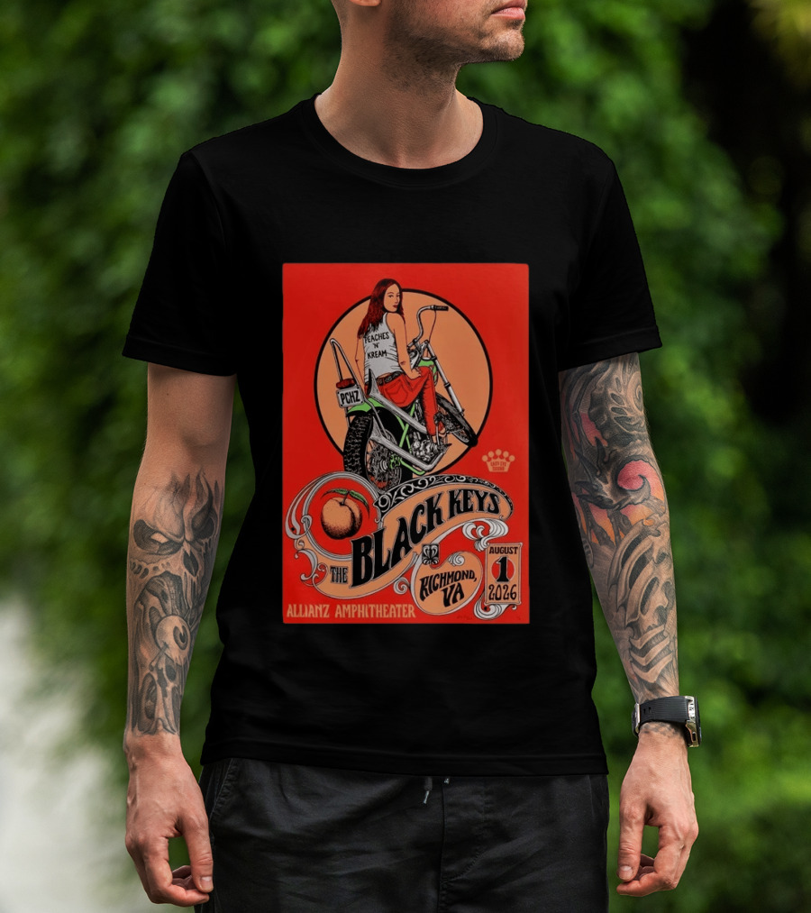 The Black Keys Allianz Amphitheater Richmond VA August 1 2026 Peaches N Kream Motorcycle T-Shirt