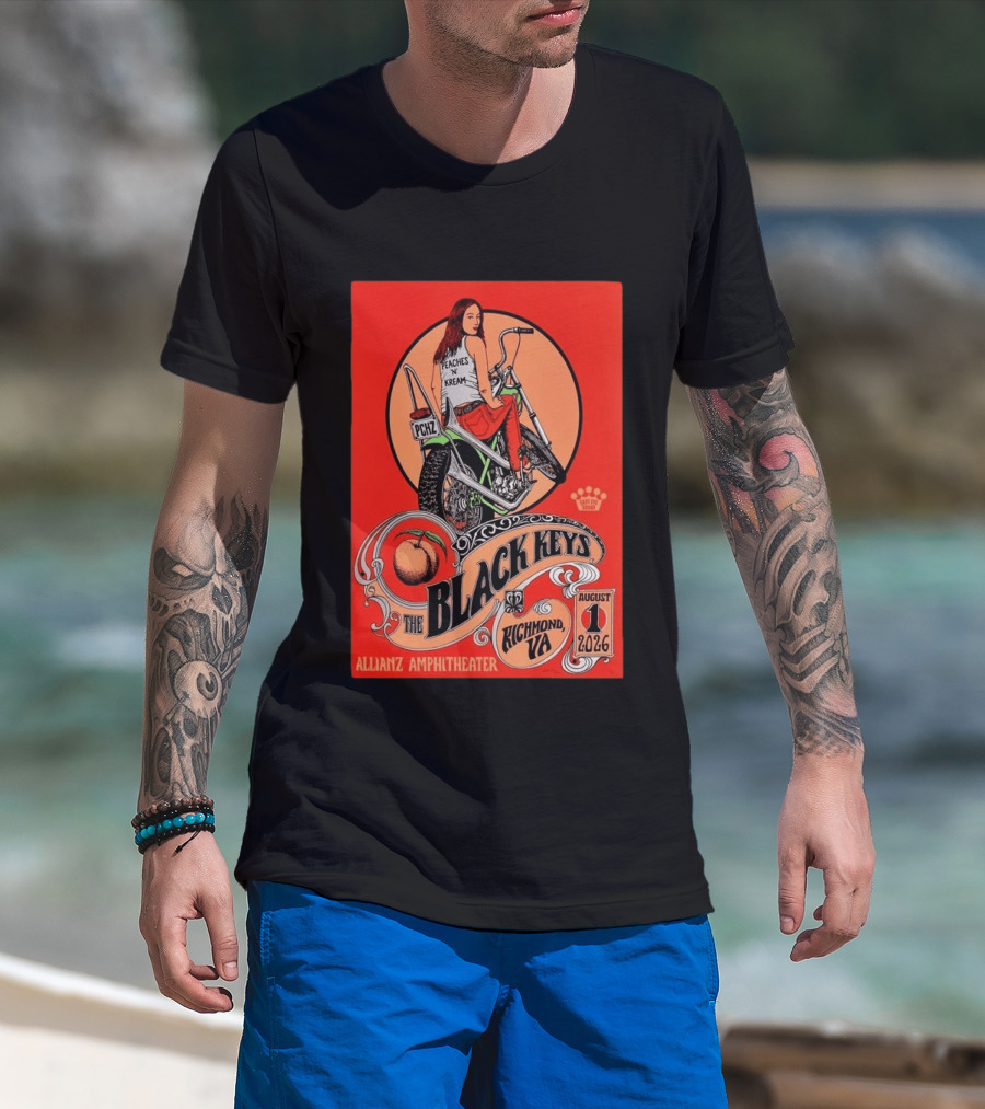 The Black Keys Allianz Amphitheater Richmond VA August 1 2026 Peaches N Kream Motorcycle T-Shirt