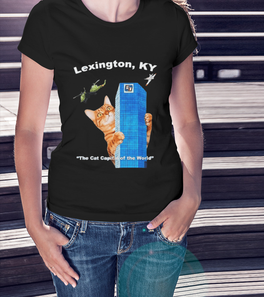 Lexington KY The Cat Capital Of The World Funny Cat With Building And Helicopter T-Shirt