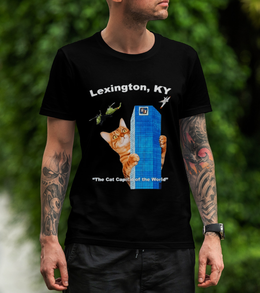 Lexington KY The Cat Capital Of The World Funny Cat With Building And Helicopter T-Shirt