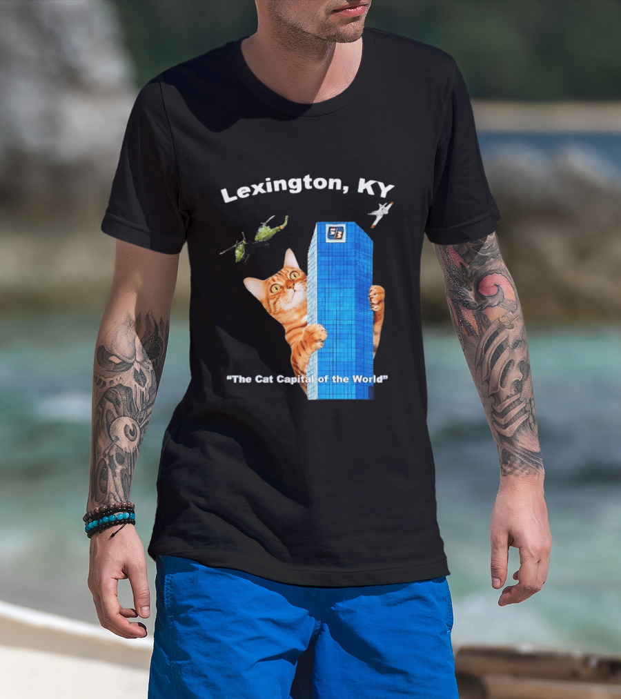 Lexington KY The Cat Capital Of The World Funny Cat With Building And Helicopter T-Shirt