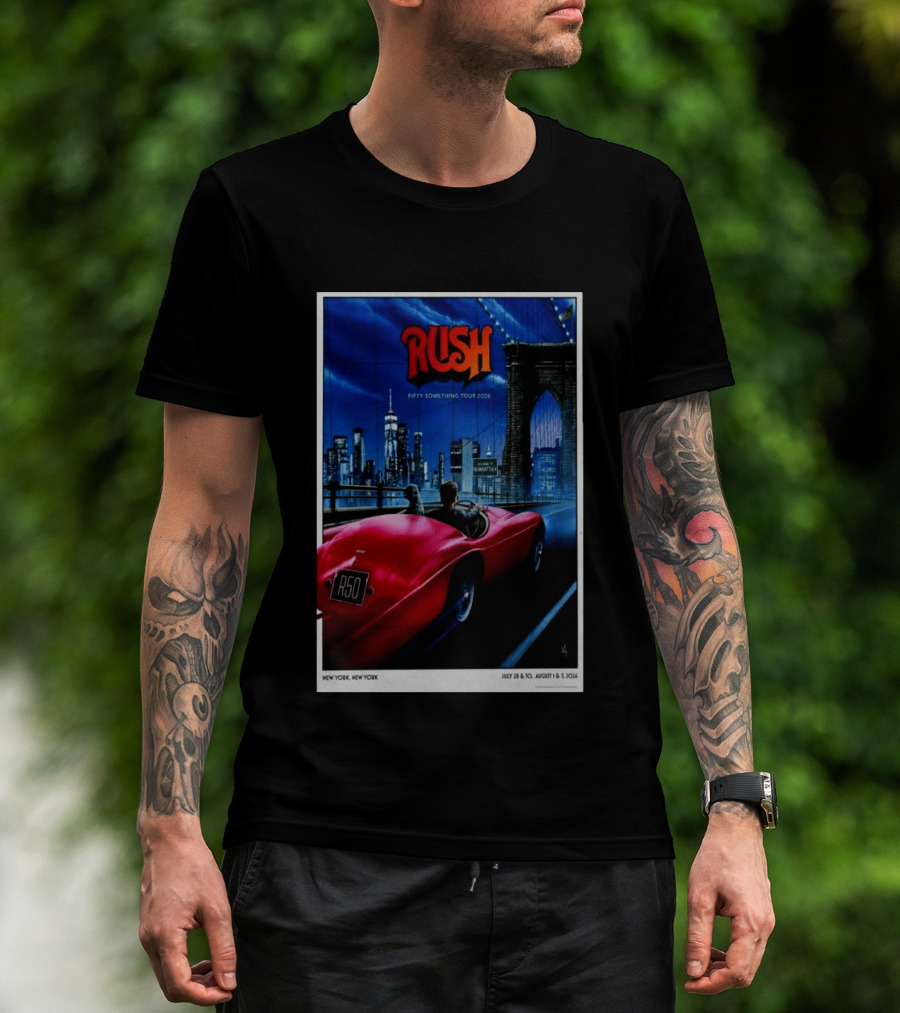Rush Fifty Something Tour 2026 Manhattan NYC July 28 30 August 1 3 New York Bridge Red Car T-Shirt