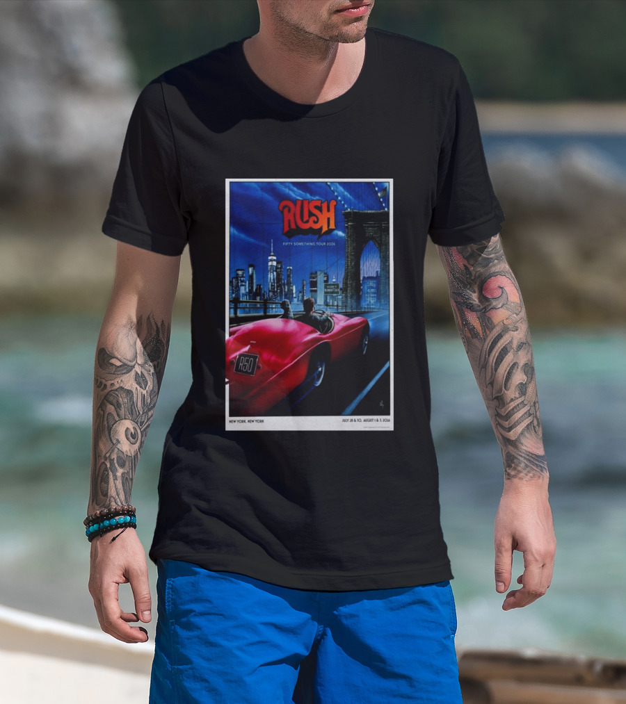 Rush Fifty Something Tour 2026 Manhattan NYC July 28 30 August 1 3 New York Bridge Red Car T-Shirt