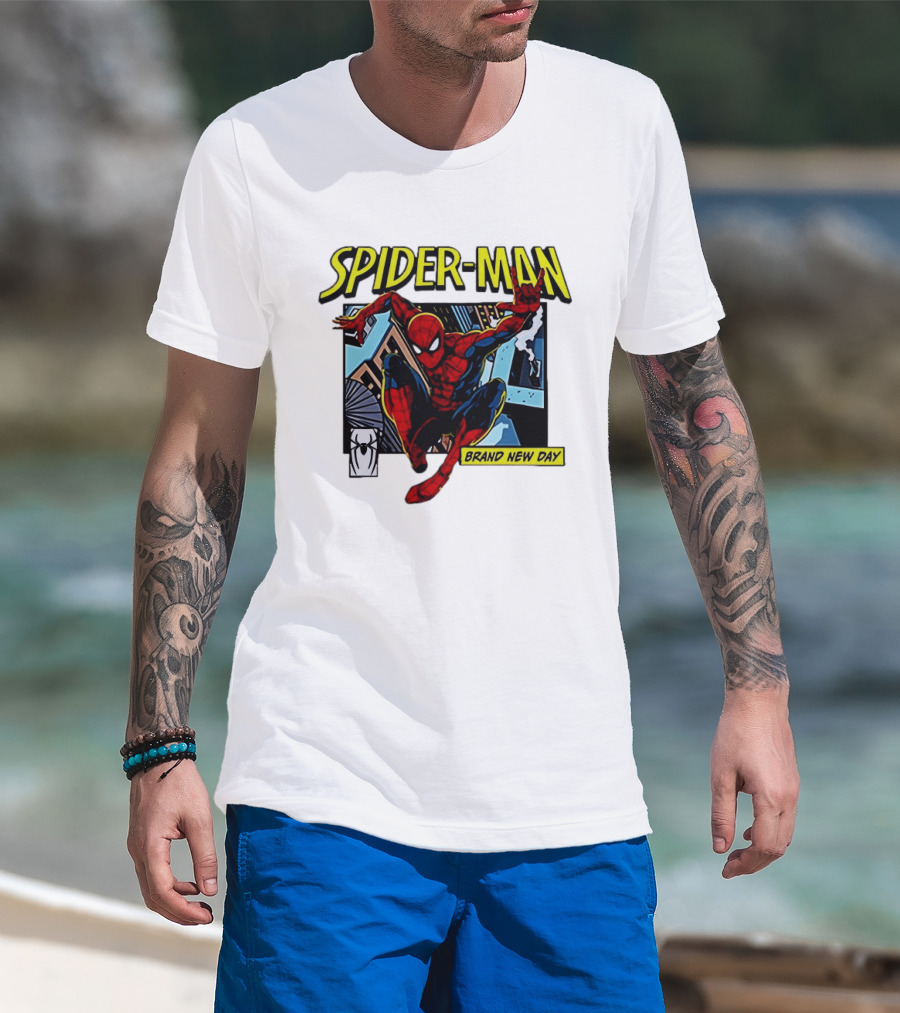 Spider Man Brand New Day Iconic Comic Style Swinging Action T-Shirt