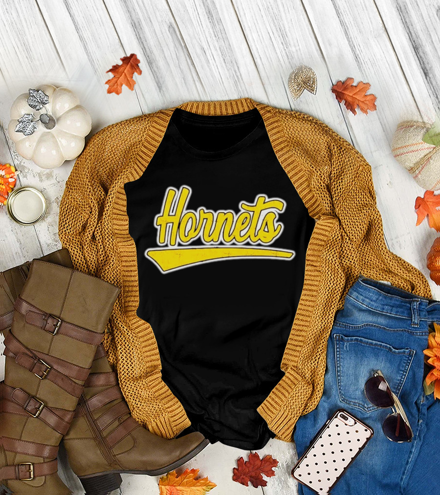 Hornets Team Yellow Text Stylized Font T-Shirt