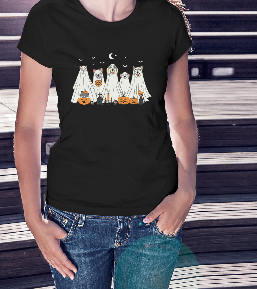 Halloween Ghost Dog Pack With Pumpkins And Moonlit Night T-Shirt