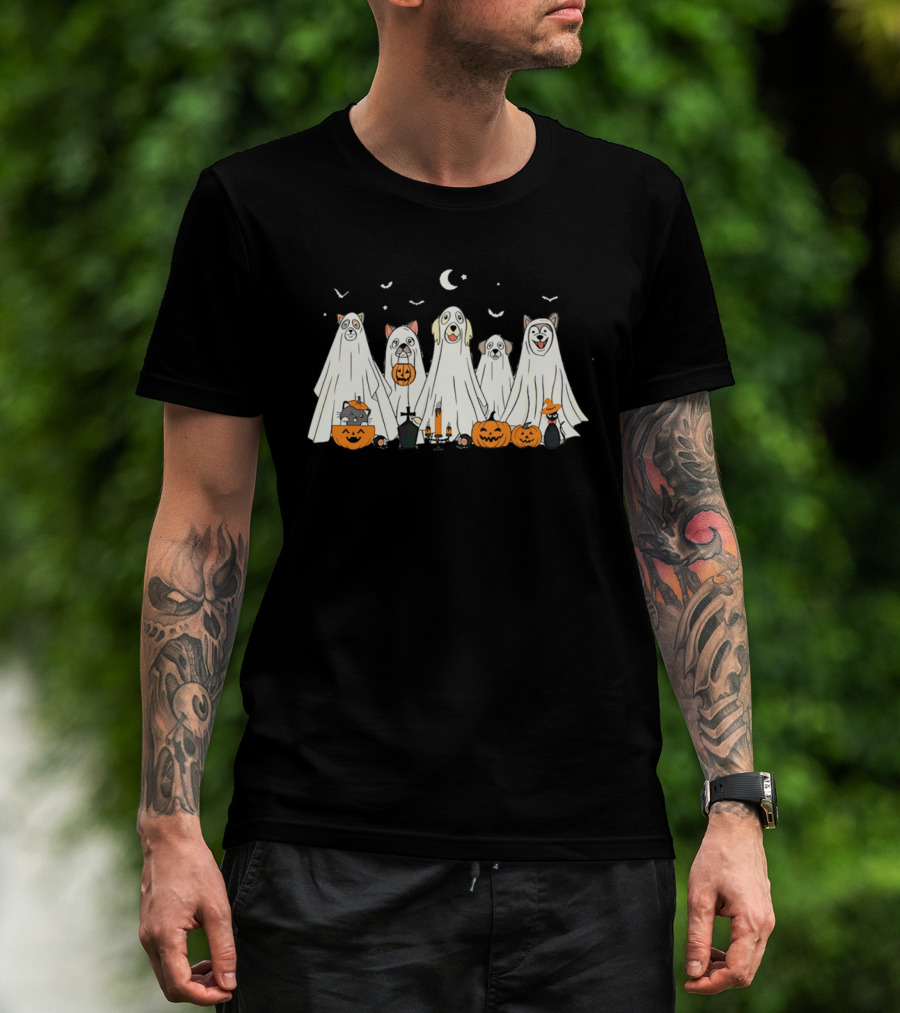 Halloween Ghost Dog Pack With Pumpkins And Moonlit Night T-Shirt