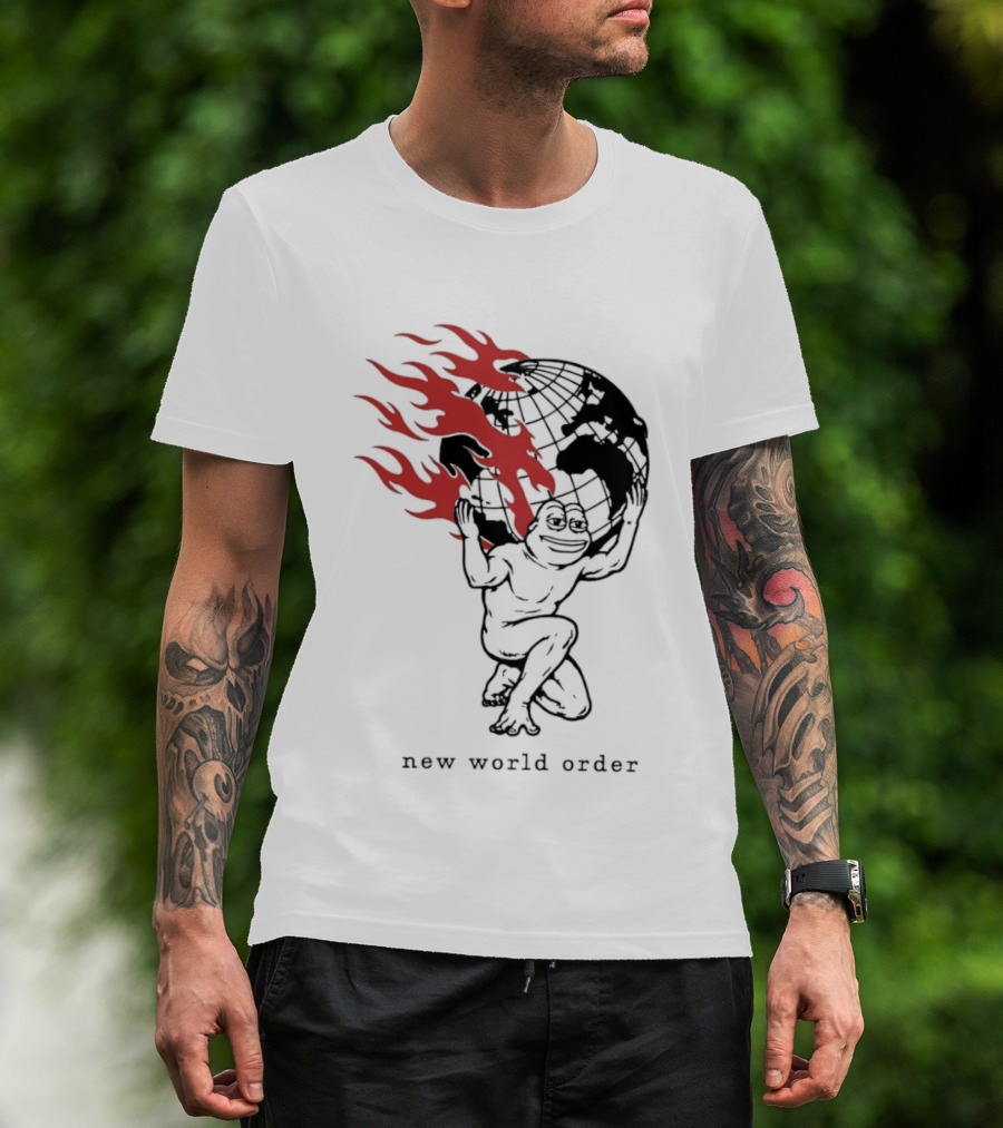 Frog Carrying Burning Earth With Flames New World Order T-Shirt