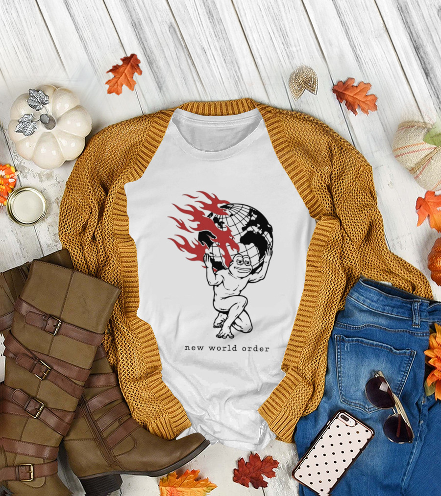 Frog Carrying Burning Earth With Flames New World Order T-Shirt