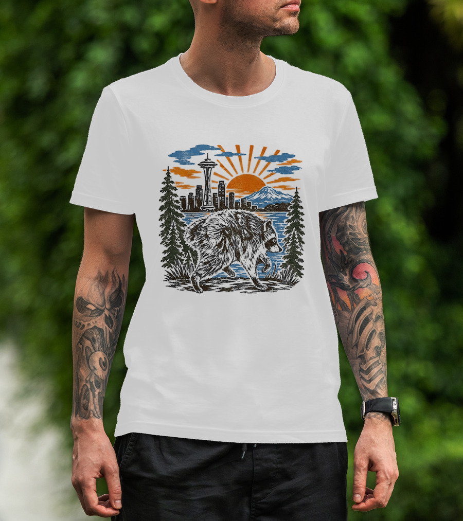 Raccoon Jimothy Seattle Skyline Sunset With Space Needle T-Shirt
