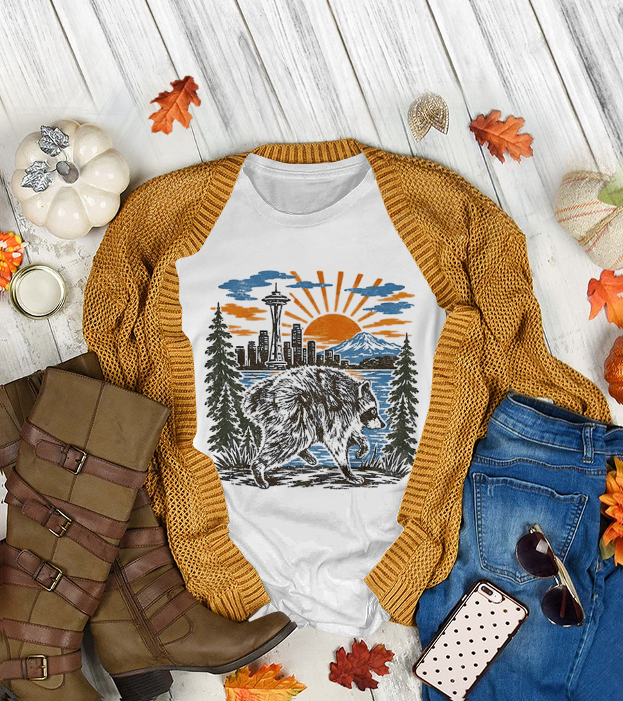 Raccoon Jimothy Seattle Skyline Sunset With Space Needle T-Shirt