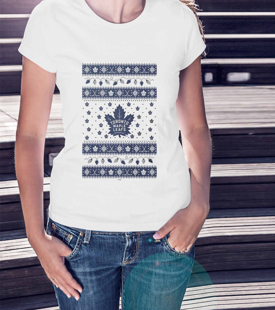 Toronto Maple Leafs Holiday Lights Festive Pattern Leafs Logo Snowflakes T-Shirt