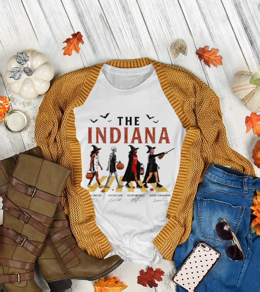 The Indiana Fever WNBA Aliyah Boston Caitlin Clark Kelsey Mitchell Sophie Cunningham Halloween Crosswalk Skeleton Witches Pumpkin T-Shirt