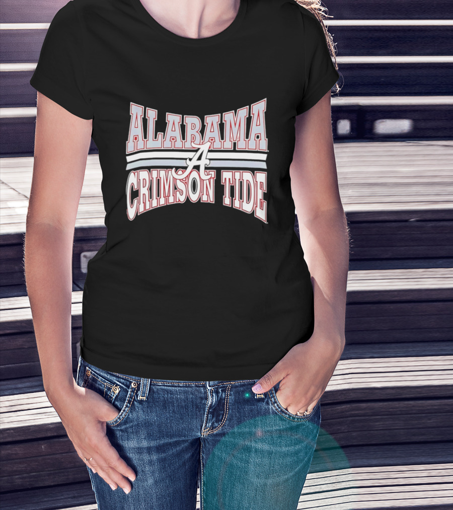 Alabama Crimson Tide Script A Curved Stripes Block Lettering T-Shirt