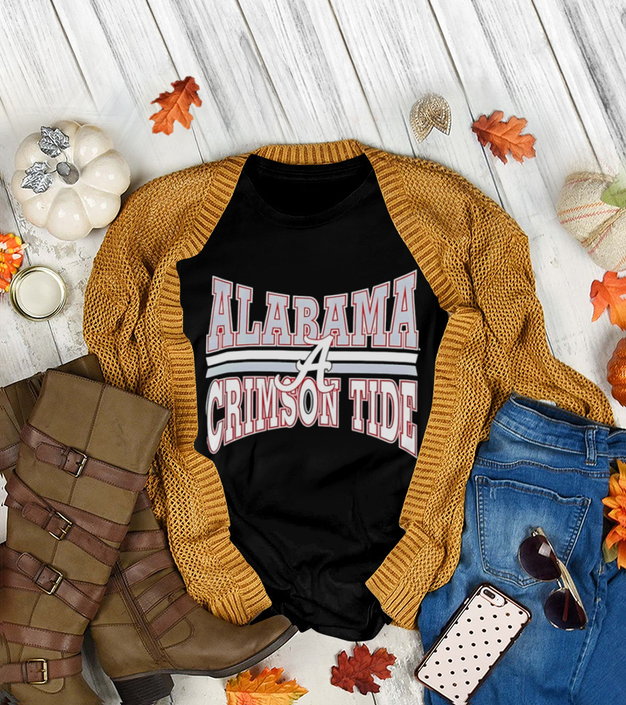 Alabama Crimson Tide Script A Curved Stripes Block Lettering T-Shirt