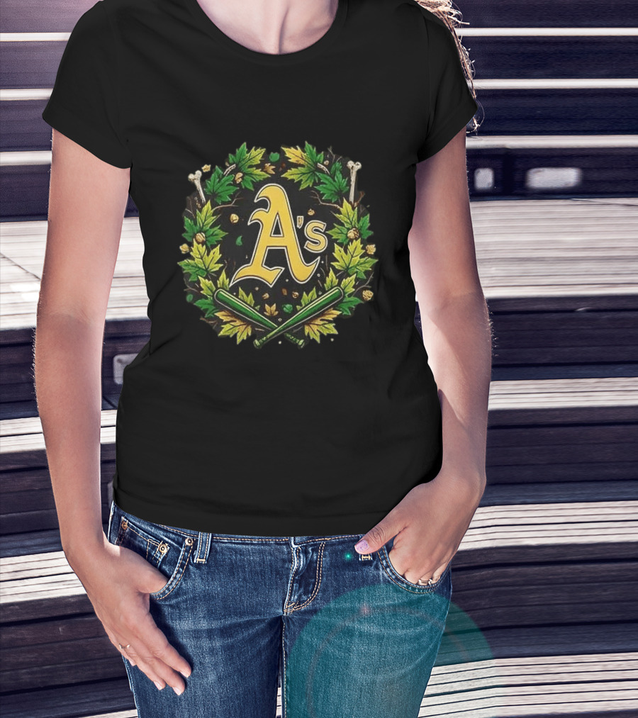 A's Halloween Maple Leaves Skull Crossed Bats Baseballs T-Shirt