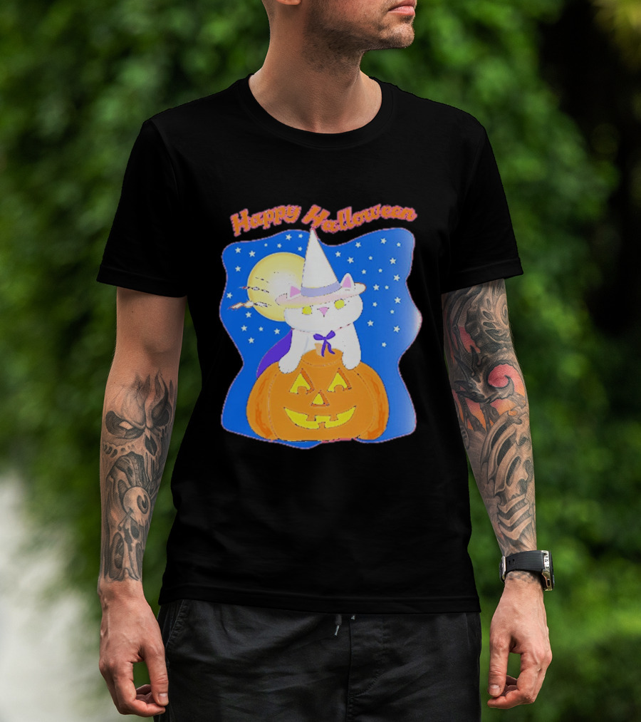 Happy Halloween Cat Witch On Pumpkin With Full Moon And Stars T-Shirt