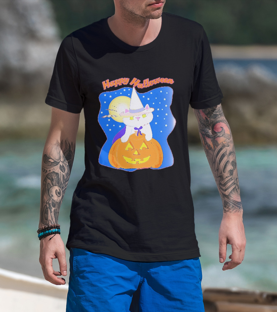 Happy Halloween Cat Witch On Pumpkin With Full Moon And Stars T-Shirt