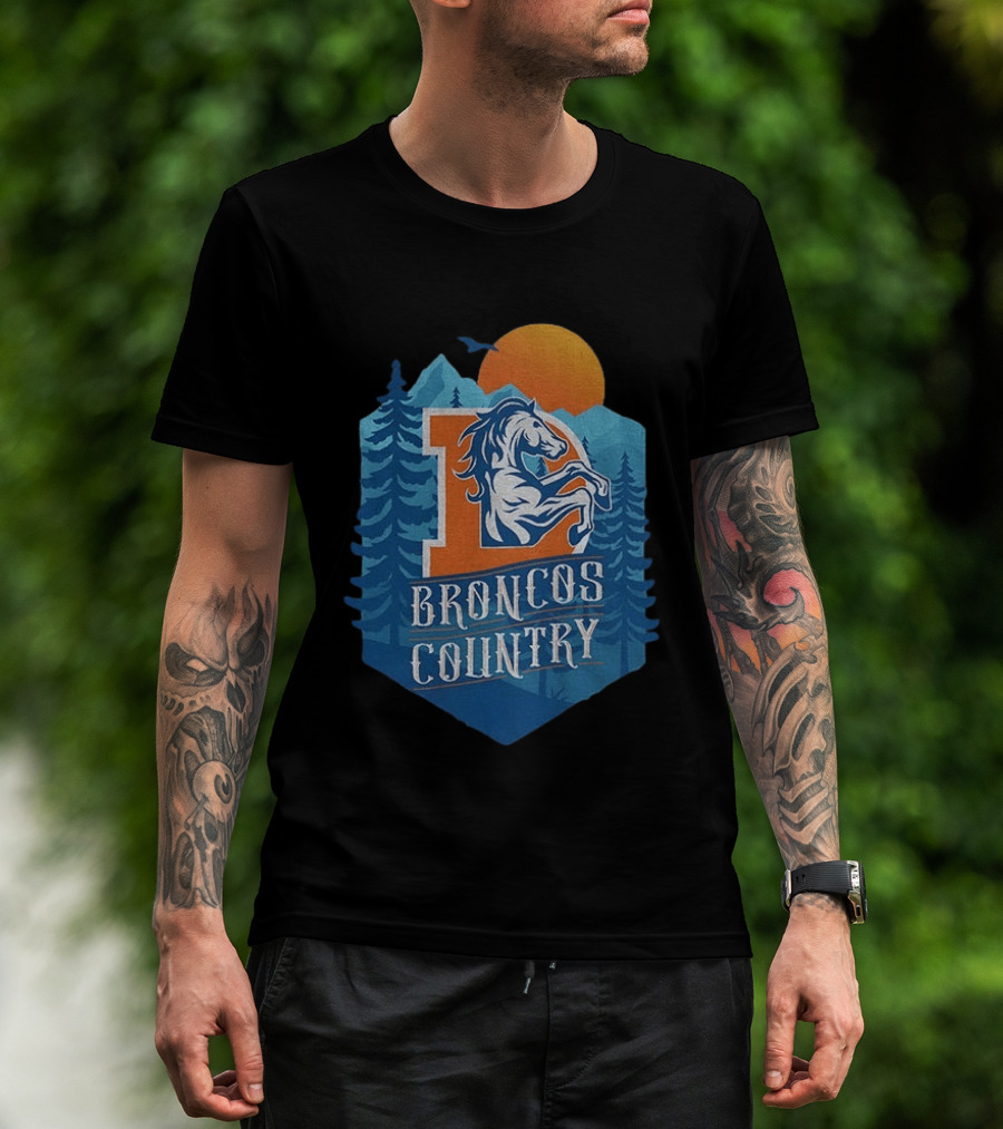 Denver Broncos Country Logo Football Mountain Sunset T-Shirt