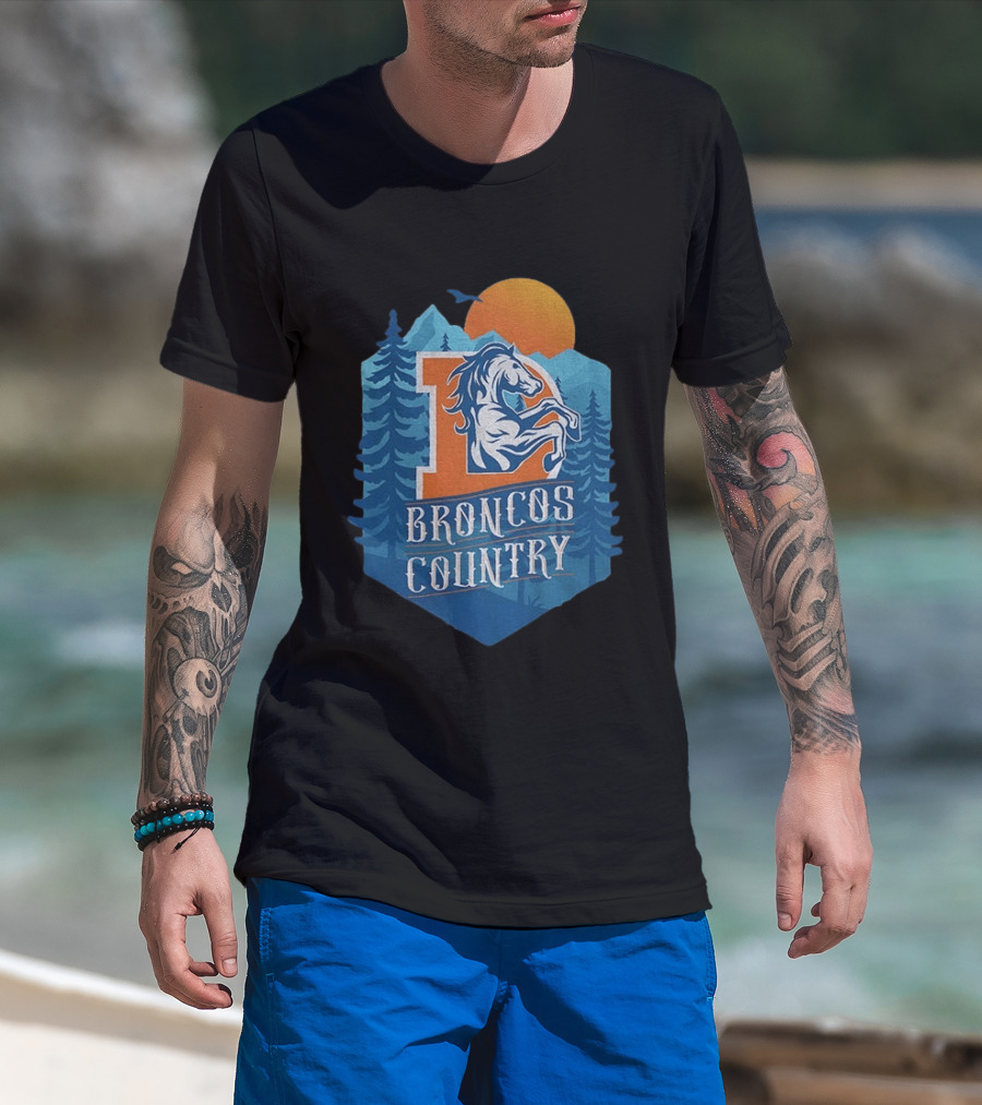 Denver Broncos Country Logo Football Mountain Sunset T-Shirt