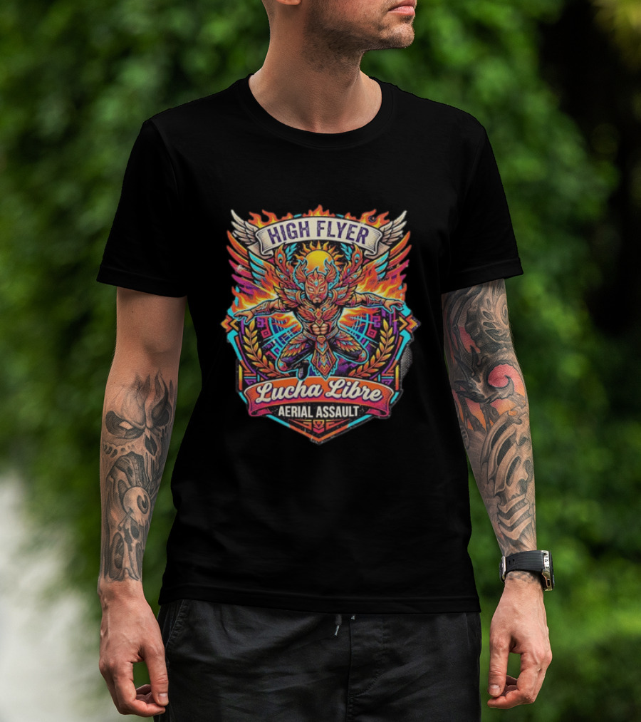 High Flyer Lucha Libre Aerial Assault Winged Masked Wrestler Sun Flames T-Shirt