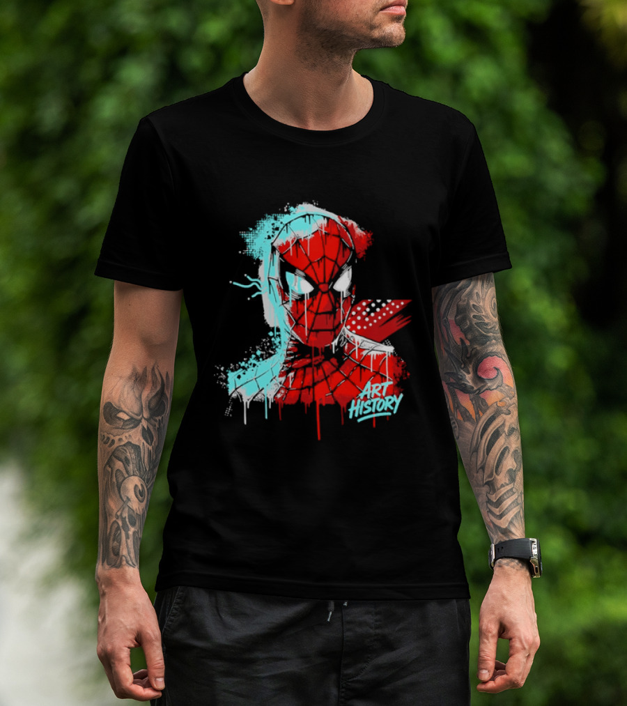 Spider Man Mask Dripping Paint Graffiti Art History Halftone Splatter T-Shirt