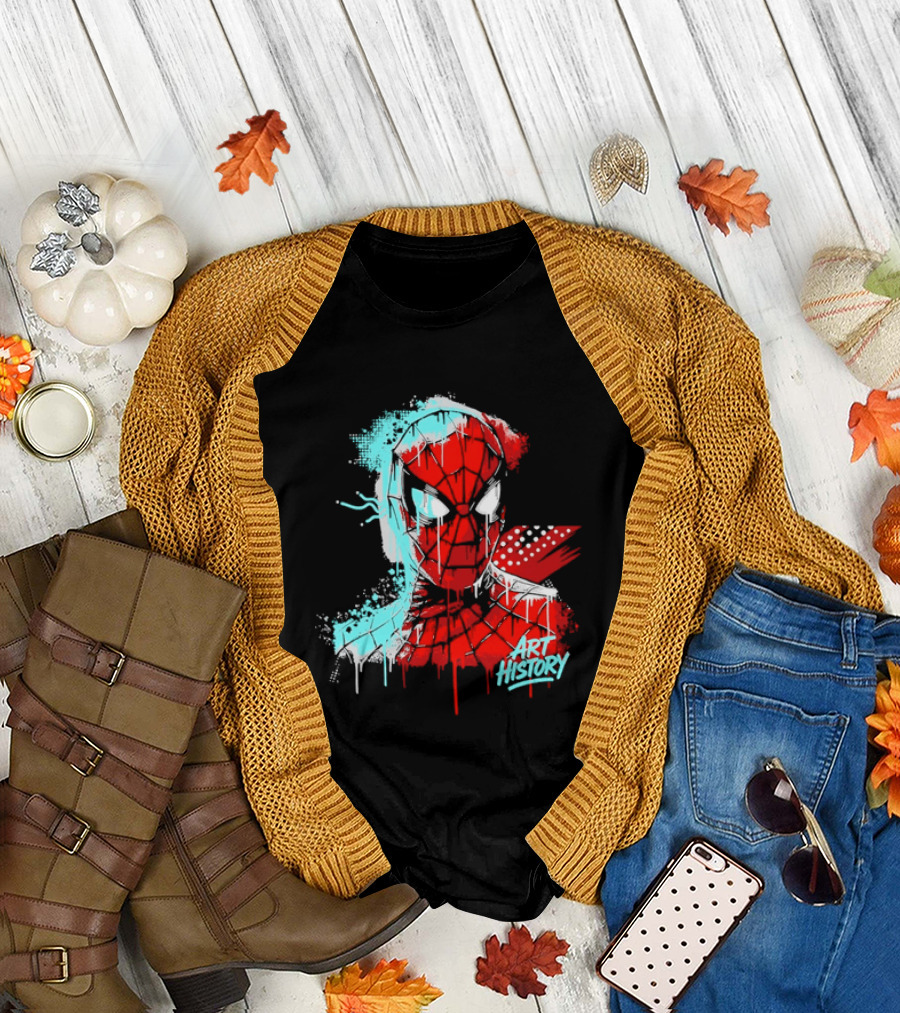 Spider Man Mask Dripping Paint Graffiti Art History Halftone Splatter T-Shirt