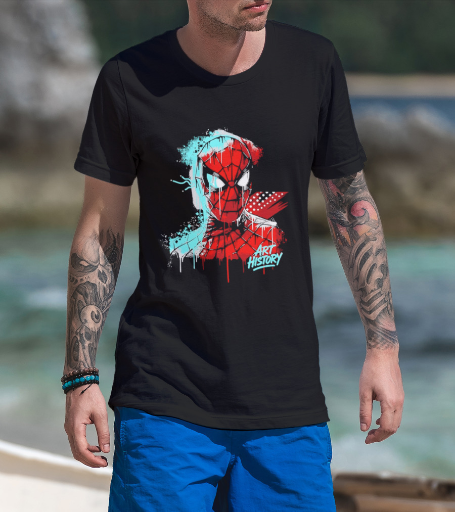 Spider Man Mask Dripping Paint Graffiti Art History Halftone Splatter T-Shirt