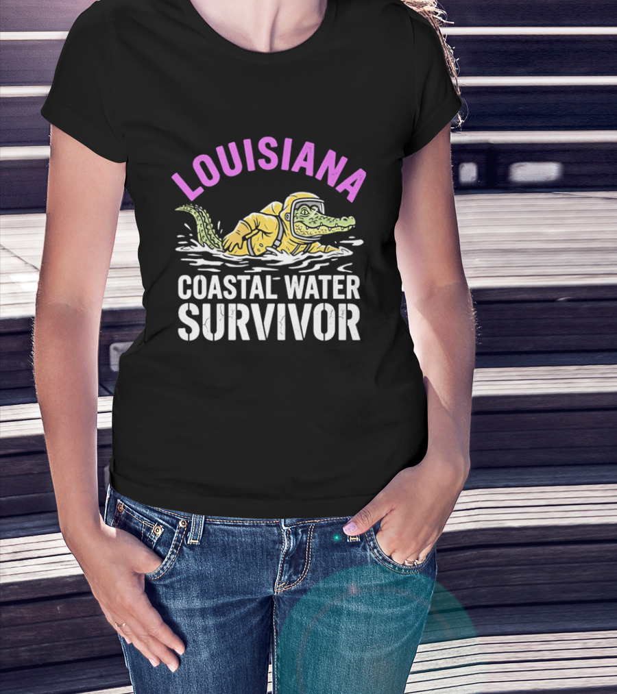 Louisiana Coastal Water Survivor Cartoon Alligator Yellow Hazmat Suit T-Shirt
