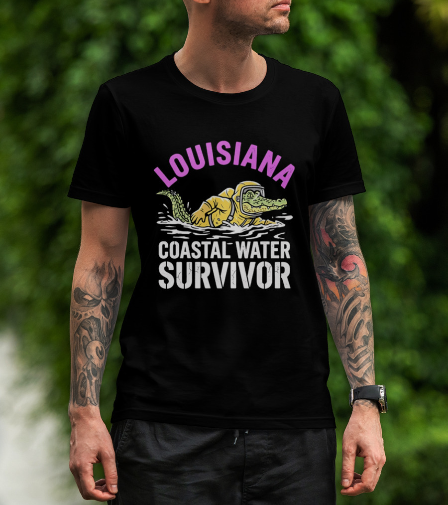 Louisiana Coastal Water Survivor Cartoon Alligator Yellow Hazmat Suit T-Shirt