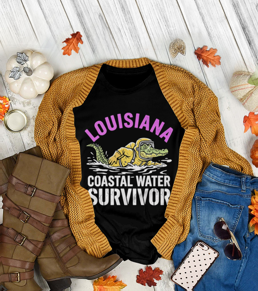 Louisiana Coastal Water Survivor Cartoon Alligator Yellow Hazmat Suit T-Shirt