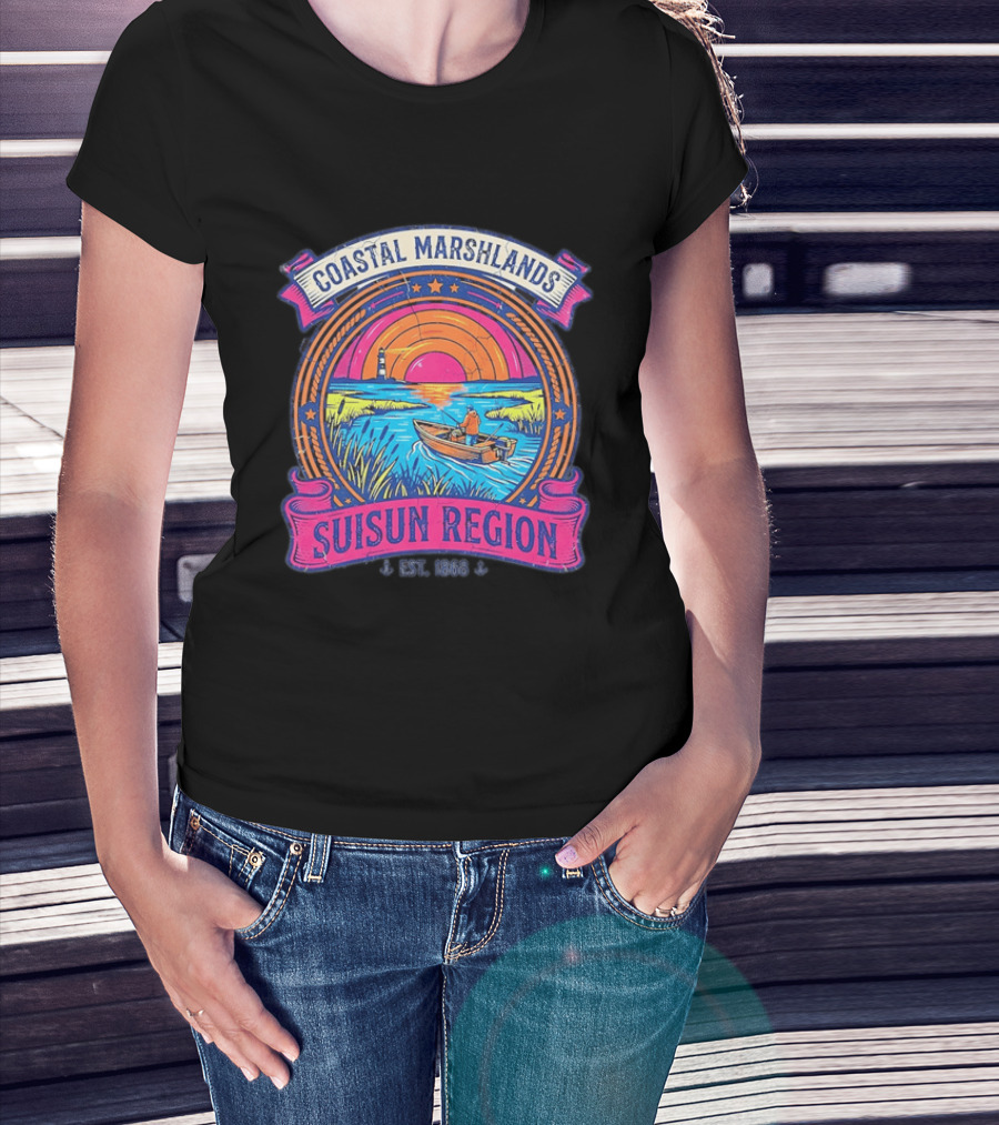 Coastal Marshlands Suisun Region Established 1868 Distressed Sunset Lighthouse Fisherman Boat Marsh T-Shirt