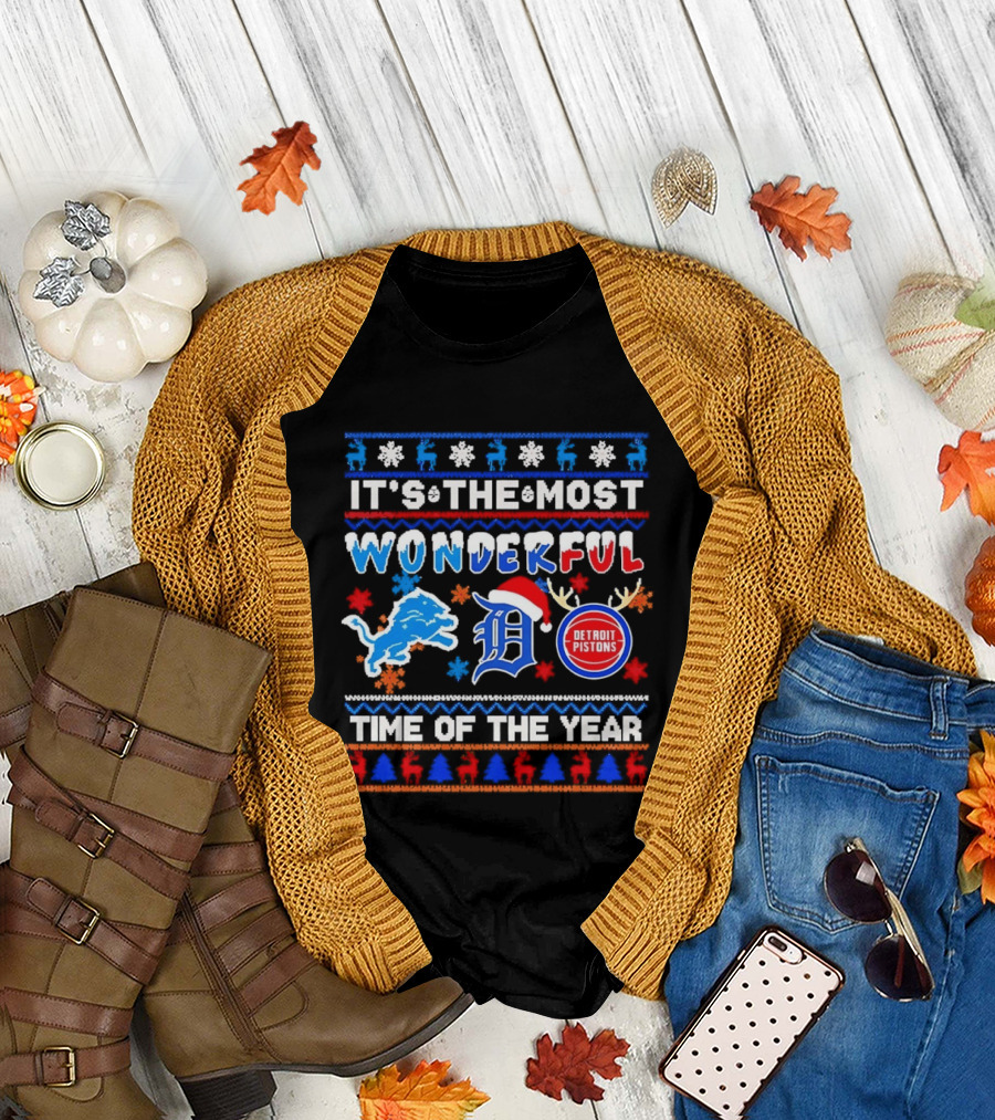 Detroit Lions And Pistons Christmas 2026 It's The Most Wonderful Time Of The Year T-Shirt