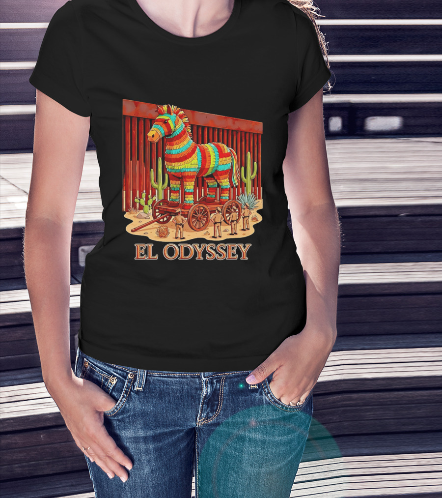 El Odyssey Piñata Horse Statue At Border With Cacti And Soldiers T-Shirt