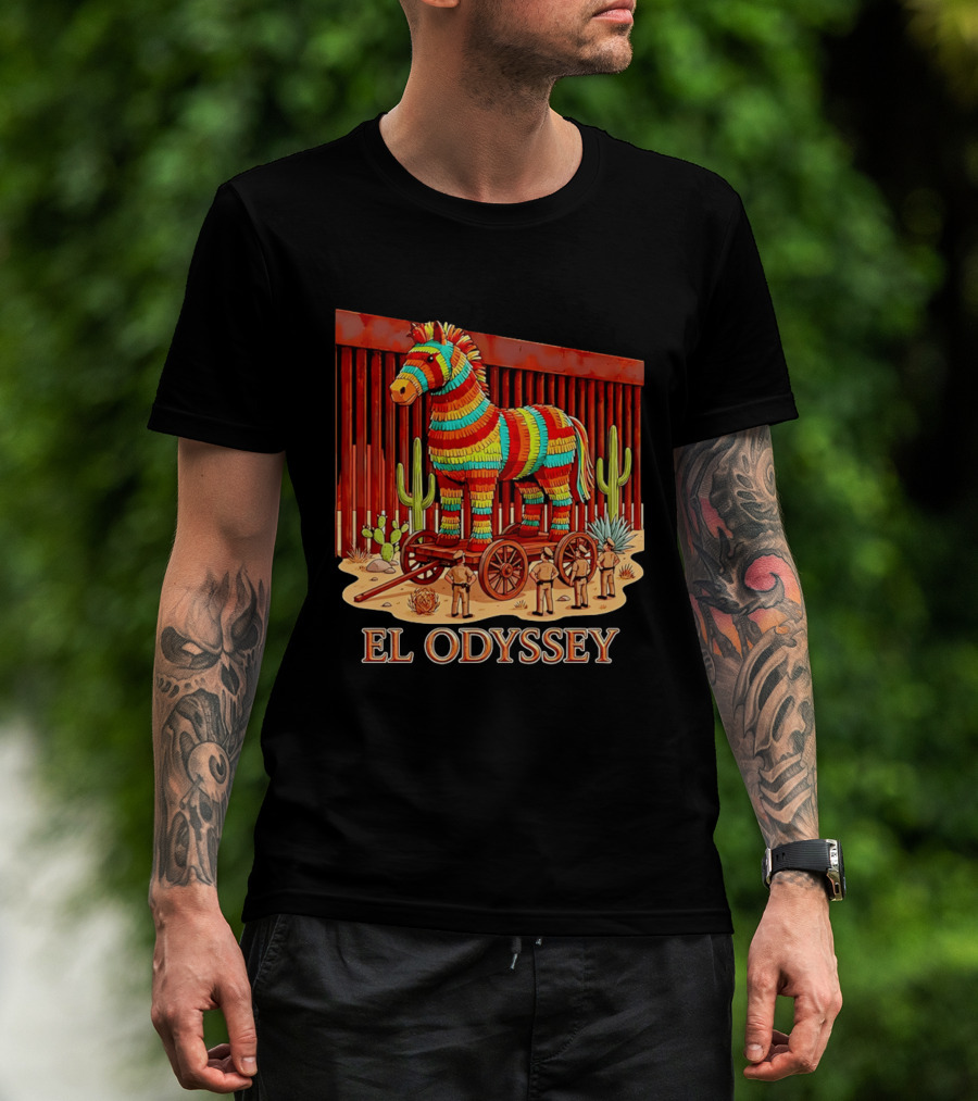 El Odyssey Piñata Horse Statue At Border With Cacti And Soldiers T-Shirt