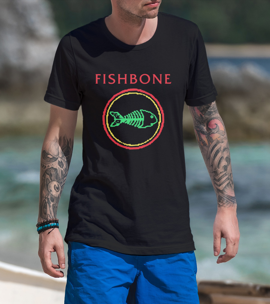 Fishbone Red Text Green Fish Skeleton Yellow Circular Frame T-Shirt