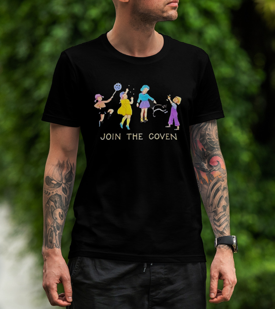 Join The Coven Funny Retro Witchy Kids Playing With Black Cat T-Shirt