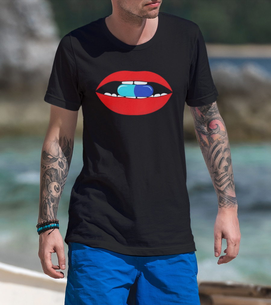 Red Lips Blue And Cyan Pill Bite T-Shirt