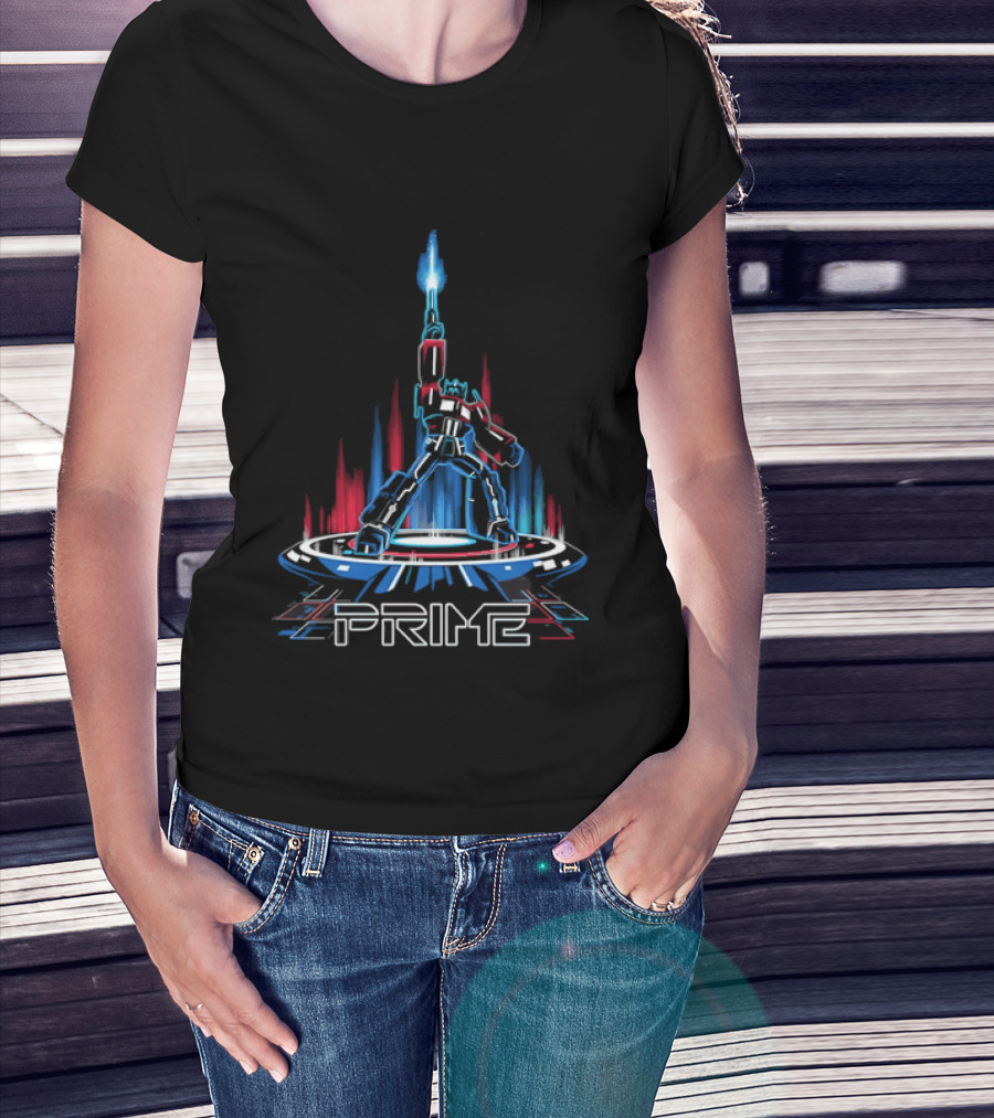 Prime Neon Robot Raising Glowing Light Beam Circular Platform T-Shirt