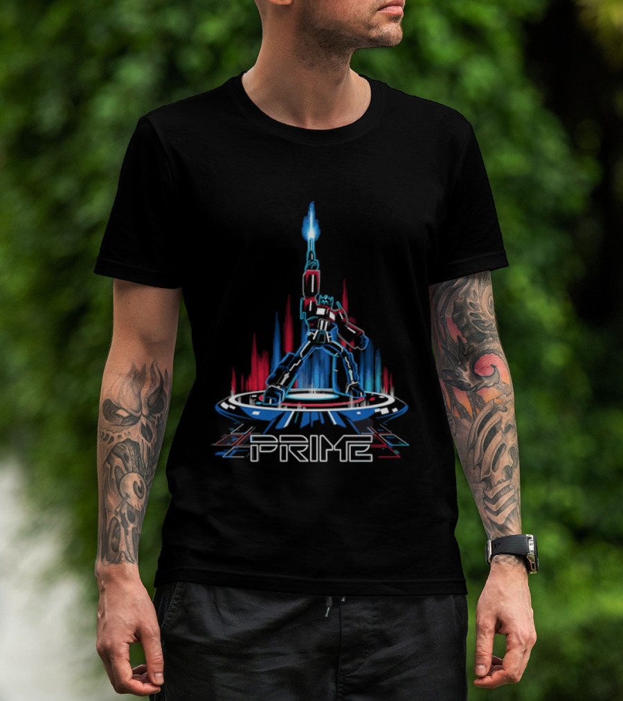 Prime Neon Robot Raising Glowing Light Beam Circular Platform T-Shirt
