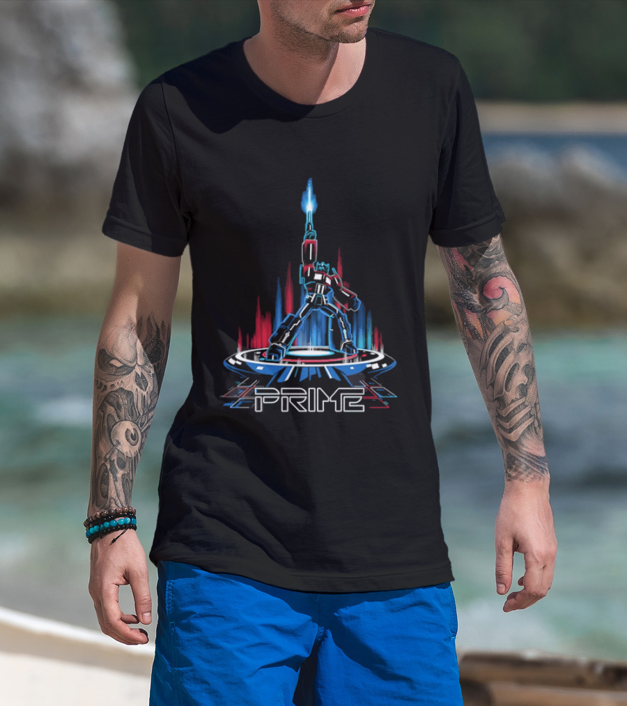 Prime Neon Robot Raising Glowing Light Beam Circular Platform T-Shirt