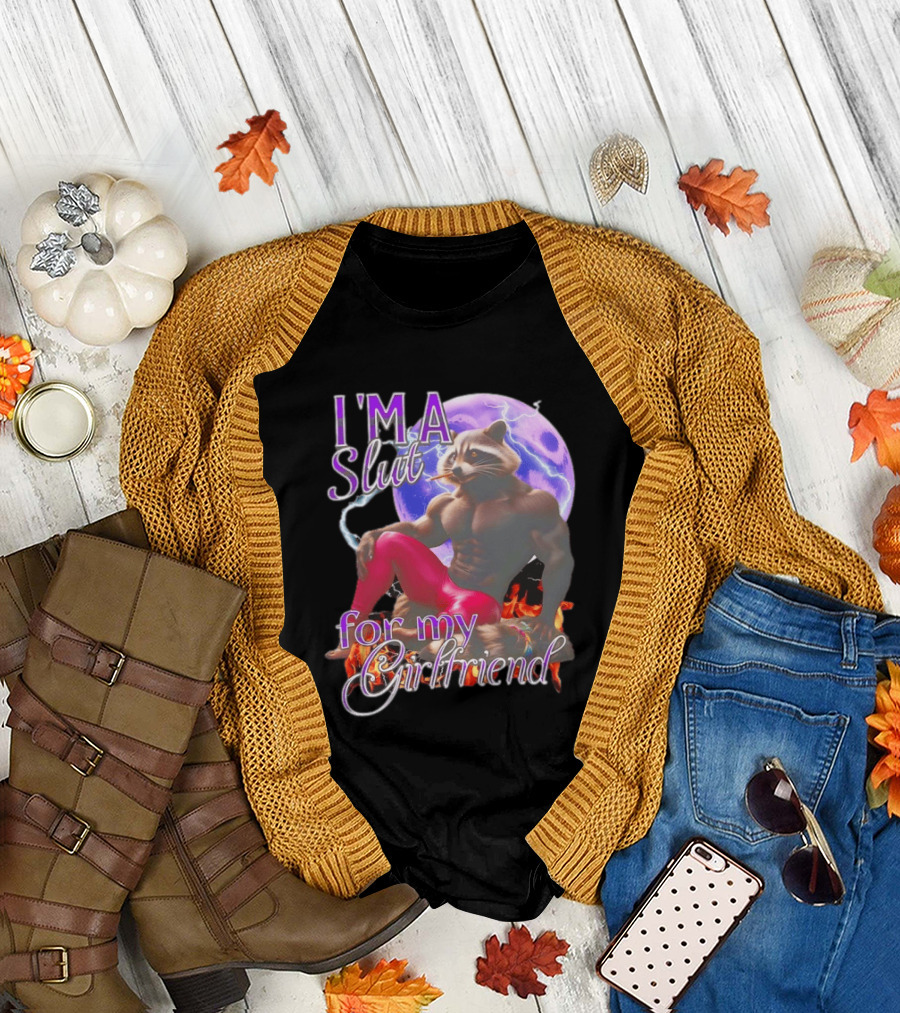 I'm a Slut for My Girlfriend Raccoon Muscular Character and Moon T-Shirt