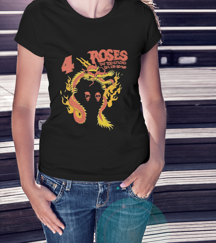 4 Roses Tattoo Studio Ph 231 3044 Dragon Yellow Flames Red Skulls T-Shirt