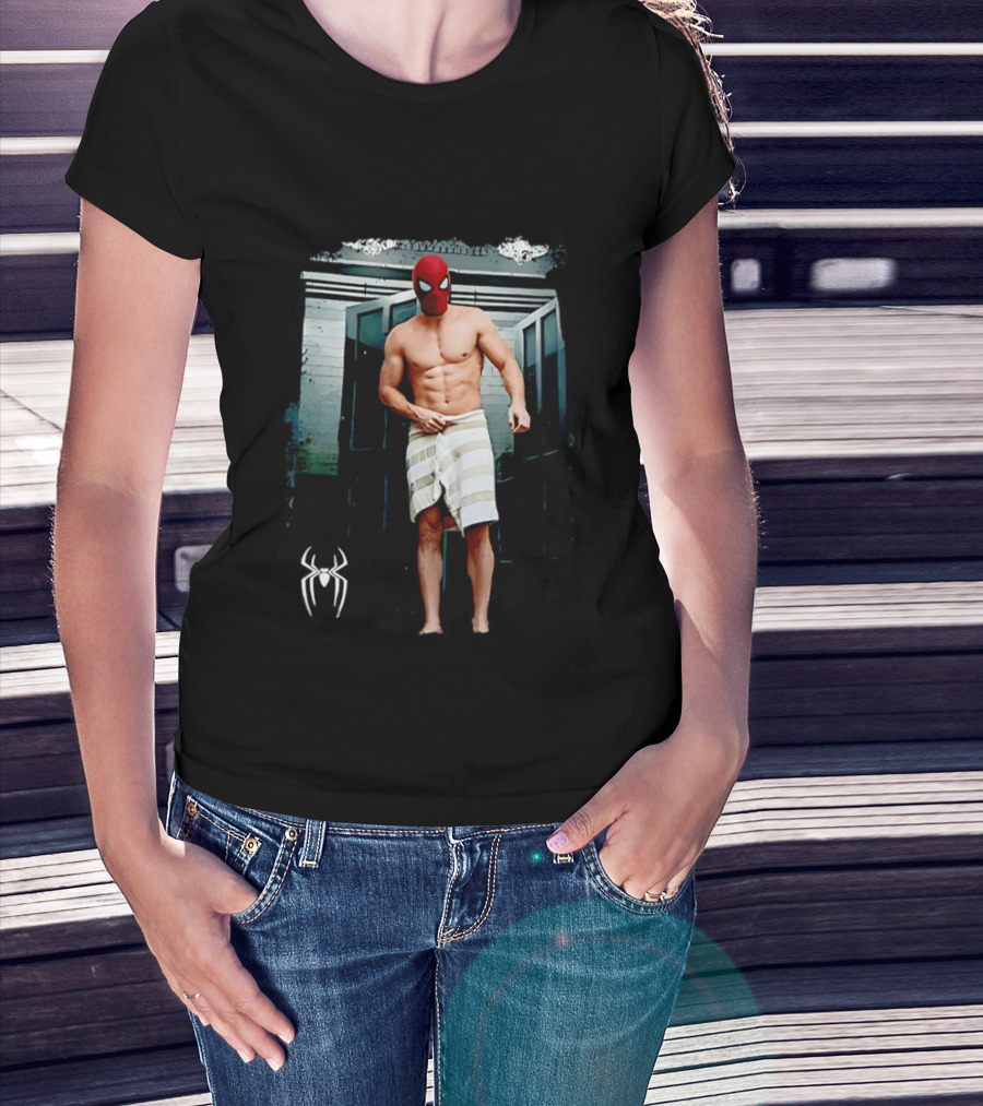Spider Man Masked Figure In Towel Scene With Iconic White Spider T-Shirt
