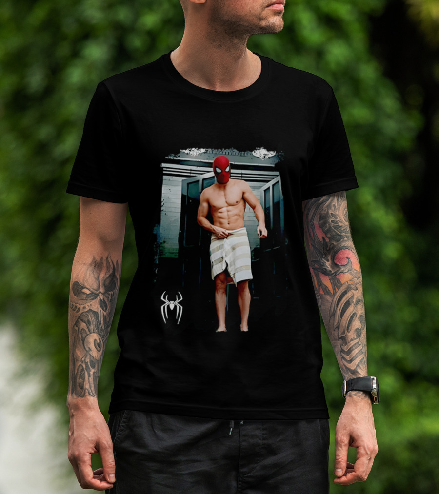 Spider Man Masked Figure In Towel Scene With Iconic White Spider T-Shirt