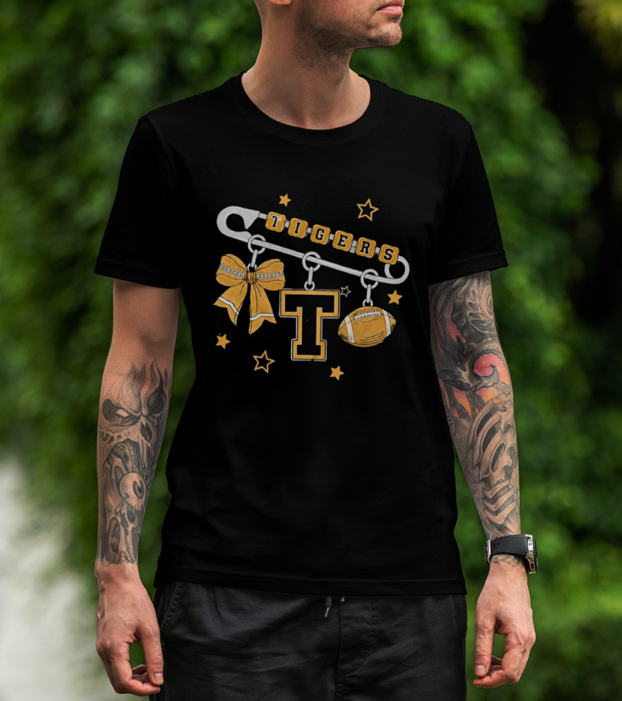 Tigers Cheer Bow Safety Pin Varsity Letter Football Charms Stars T-Shirt